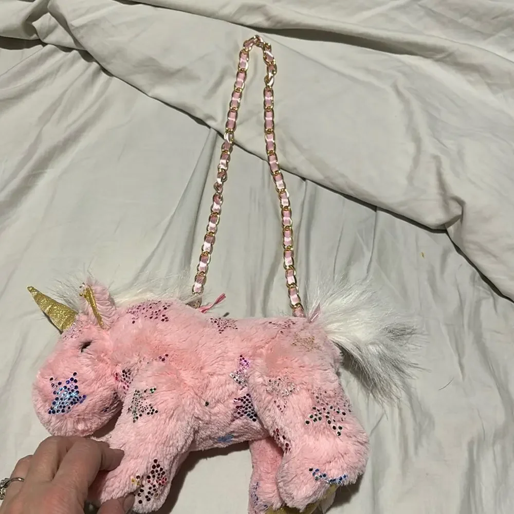 Unicorn plush purse pink metalic star pink chain strap gold horn & feet NWOT